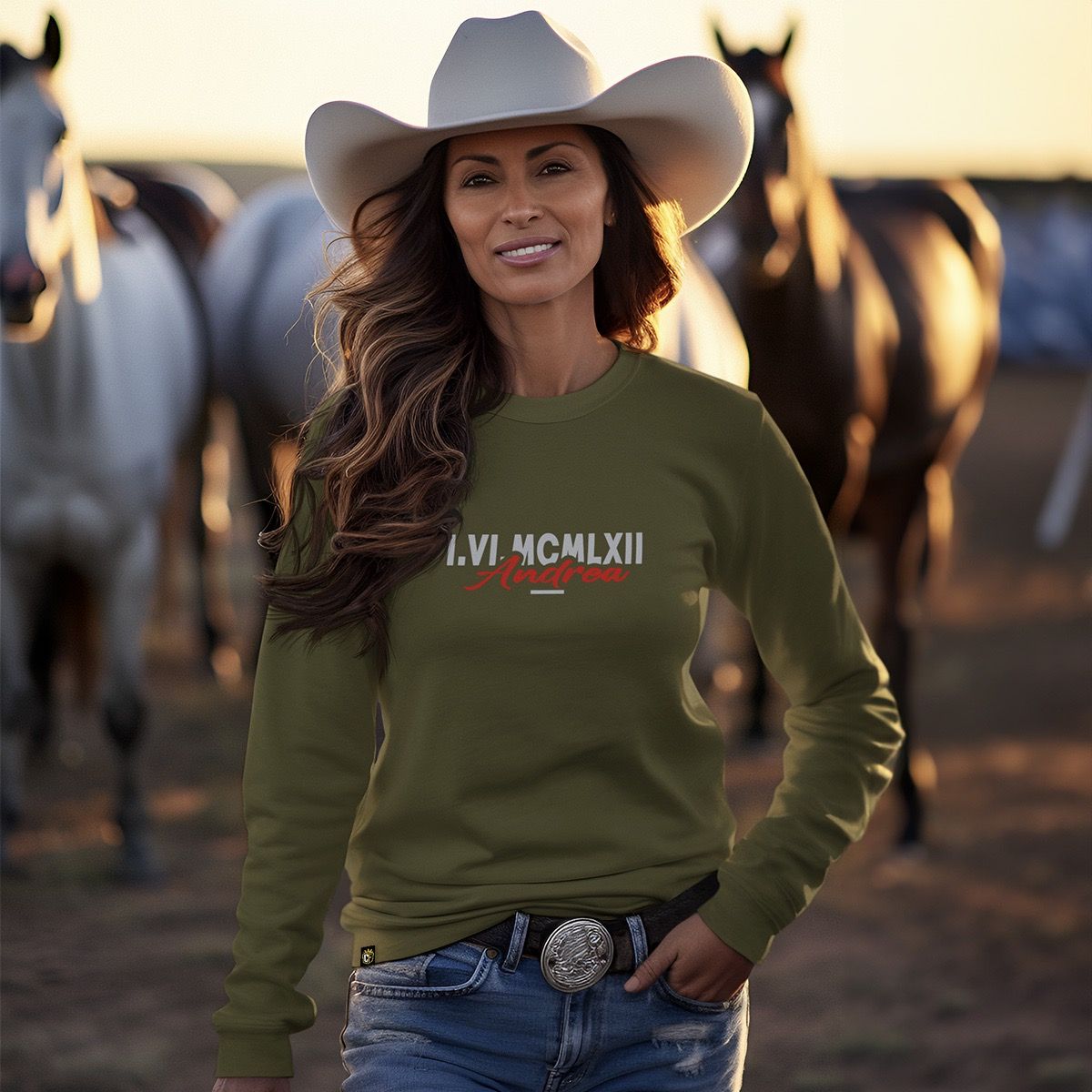 Cotton Factory customer wearing a green sweatshirt of Roman Numerals Collection