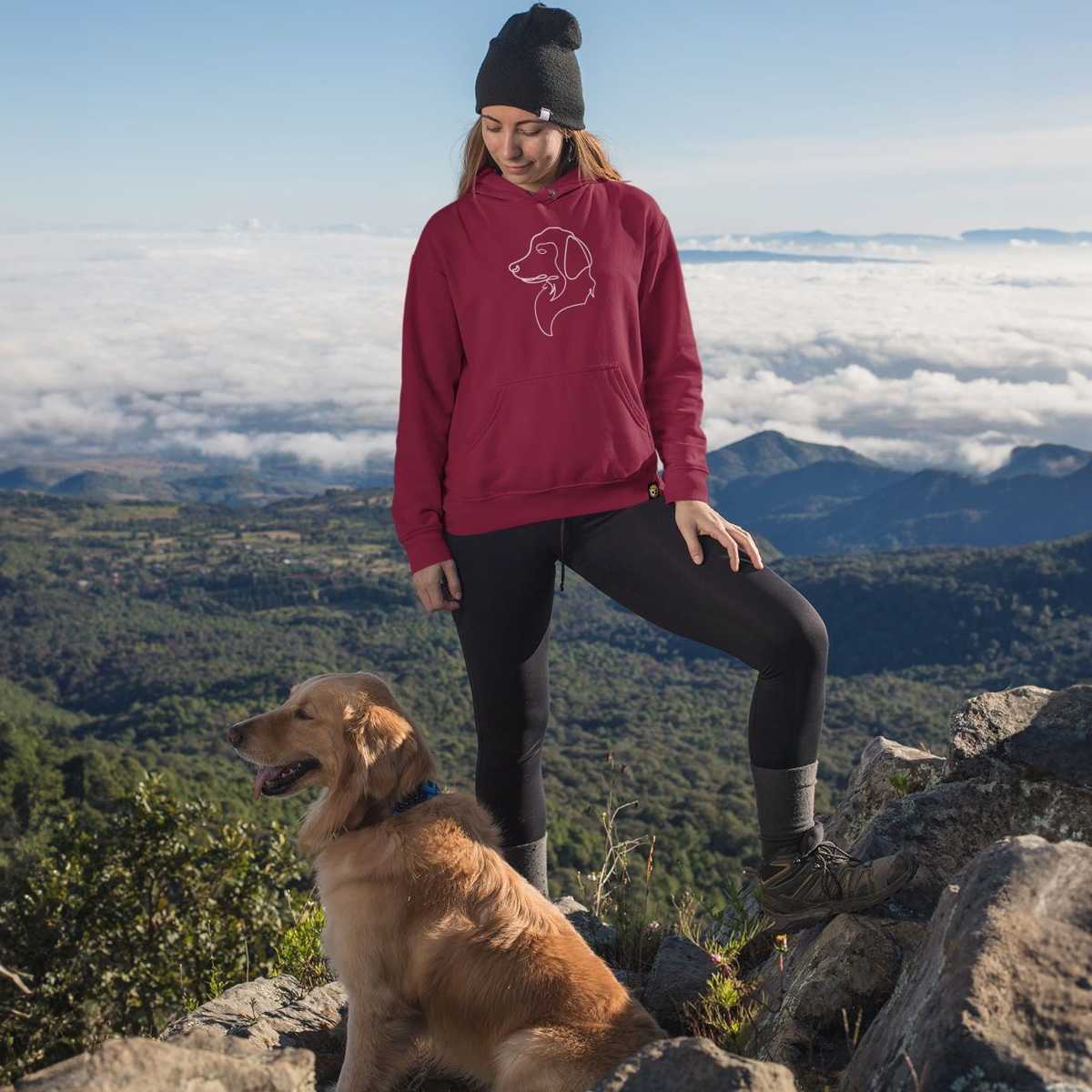 Cotton Factory Customer Anna with a Maroon iconic memory hoodie